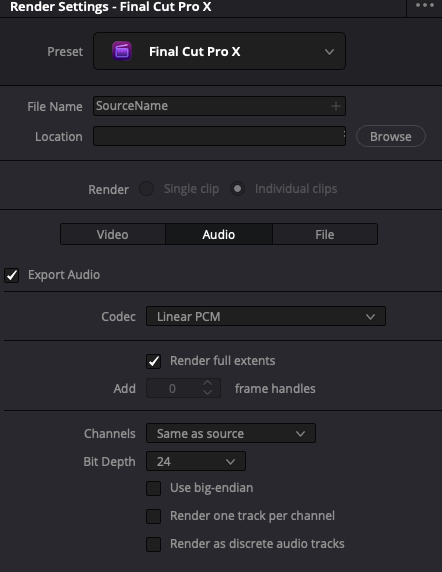 Resolve Final Cut Pro X preset, Audio tab: Linear PCM, Render full extents, Same as source, 24 bit