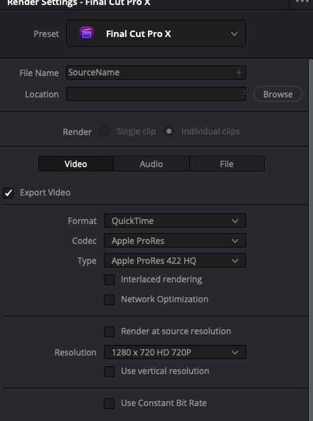Resolve Deliver page, Final Cut Pro X preset, Video tab: QuickTime, Apple ProRes 422 HQ, 1280 x 720 HD 720P