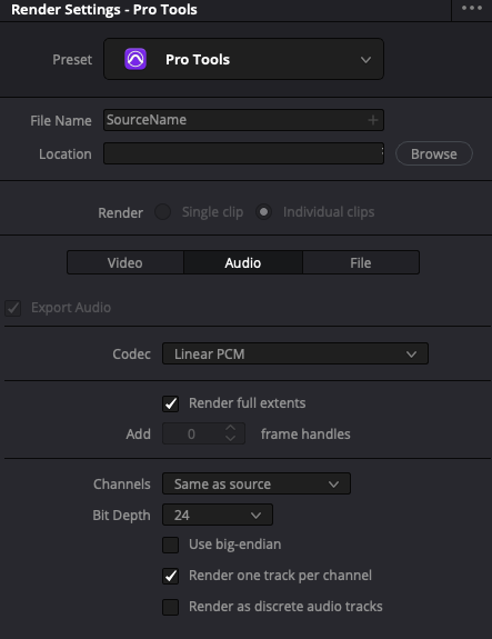Resolve Pro Tools preset, Audio tab: Linear PCM, Render full extents, Render one track per channel checked