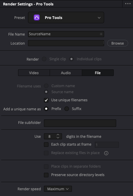 Resolve Pro Tools preset, File tab: source name, unique filenames as prefix, 8 digits, render speed Maximum