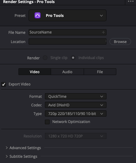 Resolve Pro Tools preset, Video tab: QuickTime, Avid DNxHD, 720p 220/185/110/90 10-bit